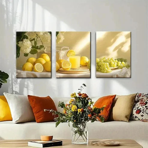 3pcs Fresh Lemon and Grape Bright Perfect  Wall Art Set Canvas Unframed - High Quality Print 100% Australian Made Wall Canvas - Bella Home Decor
