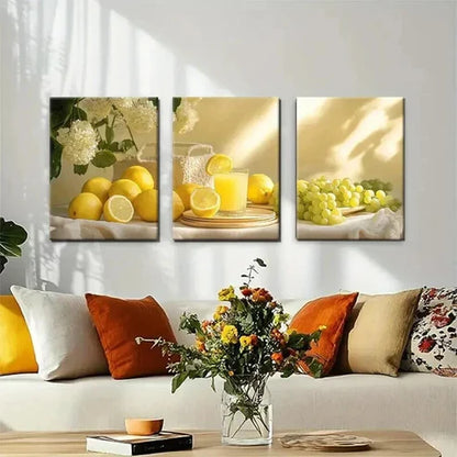 3pcs Fresh Lemon and Grape Bright Perfect  Wall Art Set Canvas Unframed - High Quality Print 100% Australian Made Wall Canvas - Bella Home Decor