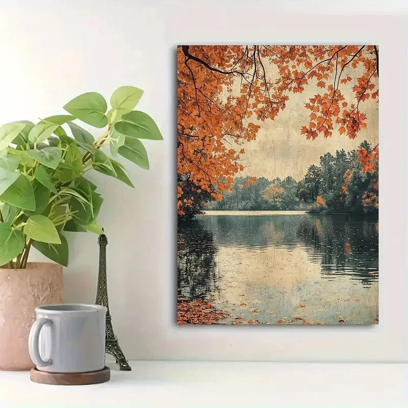 Beautiful Foliage Serene Lake Scene Painting 40x60cm Metal Print Ready to Hang - Bella Home Decor