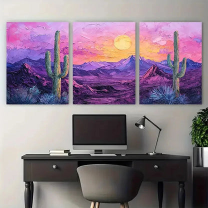 3pcs Vivid Cactus & Mountain Landscape Perfect Wall Art Set Canvas Framed 60x90cm - High Quality Print 100% Australian Made Wall Canvas Ready to Hang