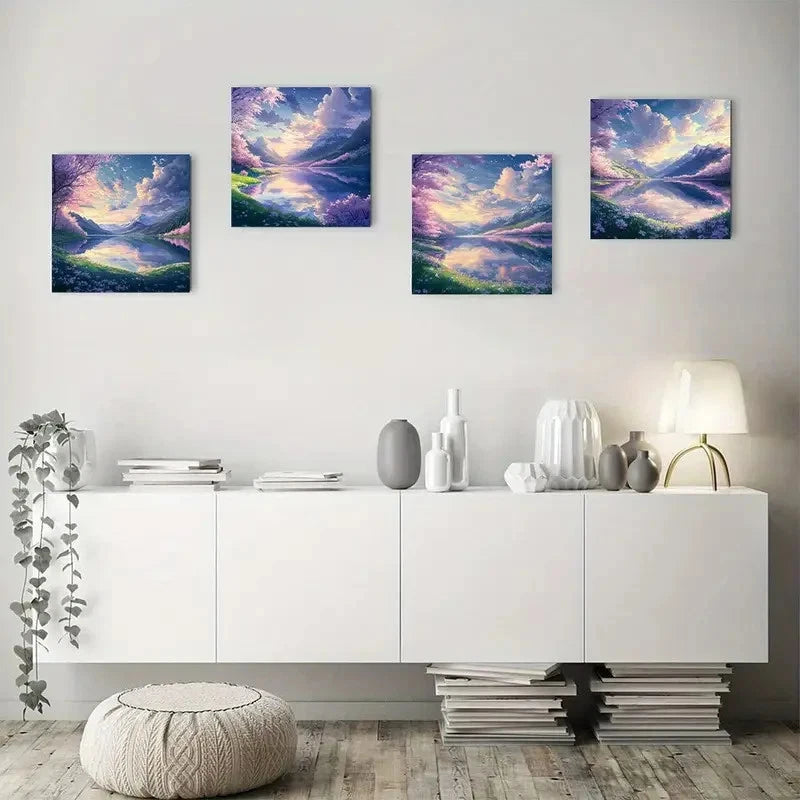 4pcs mountain Sakura LakeWall Art Canvas Framed