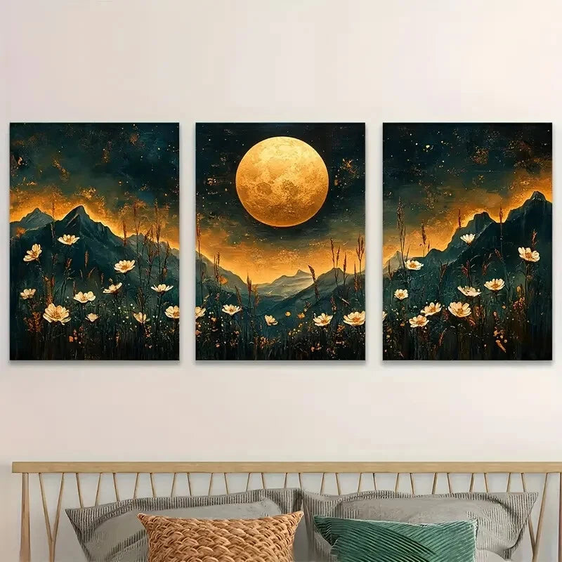 3pcs Full Moon Floral Night Sky White Perfect Wall Art Set Canvas Framed 40x60cm - High Quality Print 100% Australian Made Wall Canvas Ready to Hang - Bella Home Decor