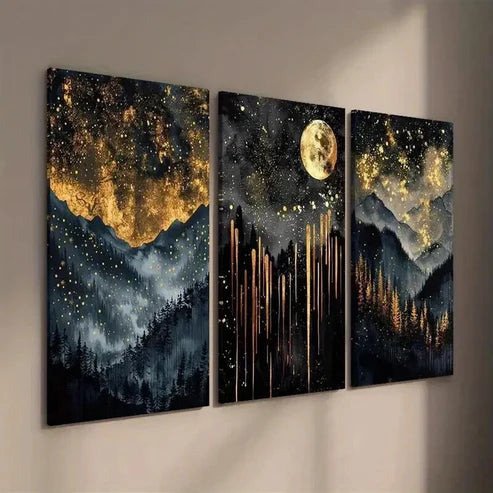 3pcs Abstract Starry Black and Golden Sky Wall Art Set Canvas Unframed - High Quality Print 100% Australian Made Wall Canvas - Bella Home Decor