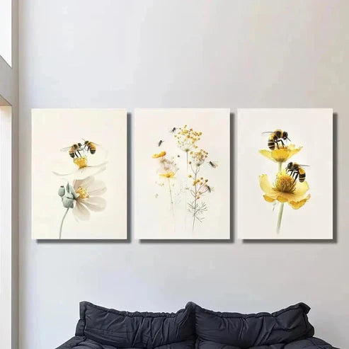 3pcs Flowers and Bees Collecting Nectar Wall Art Canvas Unframed - High Quality Print 100% Australian Made Wall Canvas - Bella Home Decor