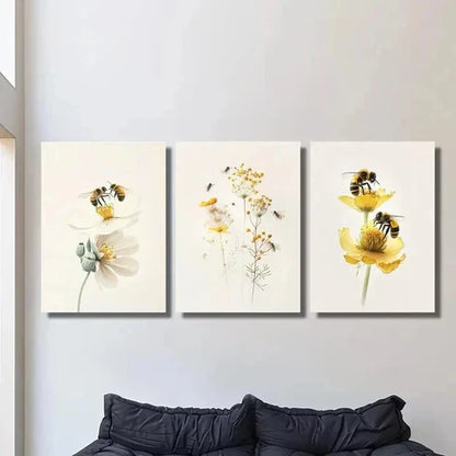 3pcs Flowers and Bees Collecting Nectar Wall Art Canvas Unframed - High Quality Print 100% Australian Made Wall Canvas - Bella Home Decor