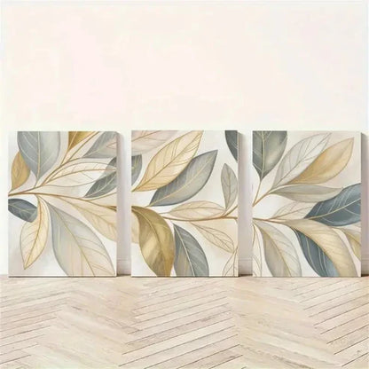 3pcs Eucalyptus Leaves, Golden Leaves Wall Art Set Canvas Unframed - High Quality Print 100% Australian Made Wall Canvas