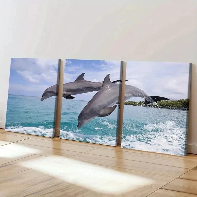 3pcs Dolphins Jumping Out Of The Sea Wall Art Set Canvas Framed 40x60cm - High Quality Print 100% Australian Made Wall Canvas Ready to Hang - Bella Home Decor