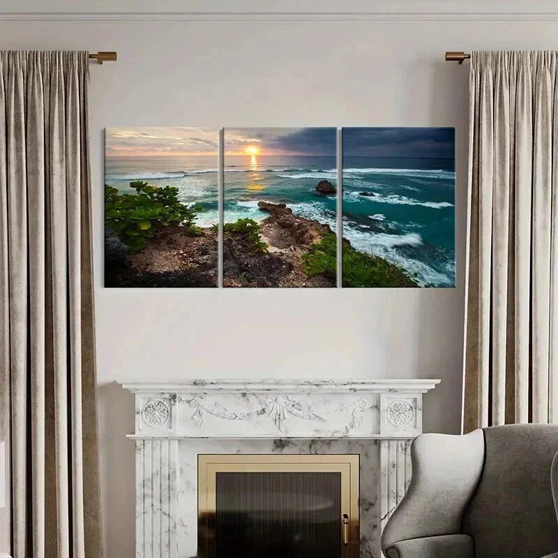 3pcs Sunset Coastline Ocean Waves & Rocky Shore Wall Art Set Canvas Framed 60x90cm - High Quality Print 100% Australian Made Wall Canvas Ready to Hang - Bella Home Decor
