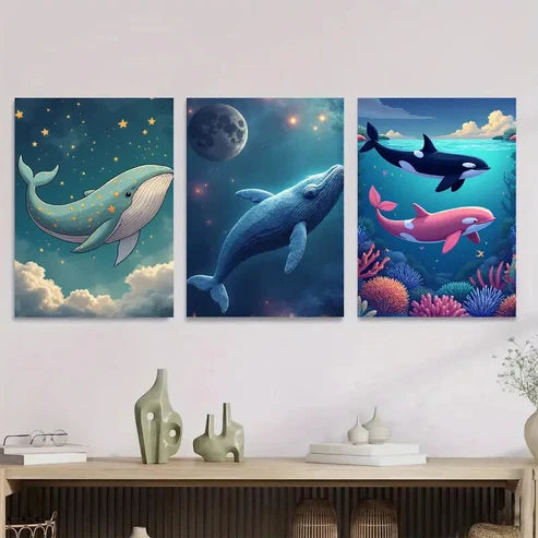 3pcs Whales and Dolphins Under The Moonlit Sky Wall Art Set Canvas Unframed - High Quality Print 100% Australian Made Wall Canvas