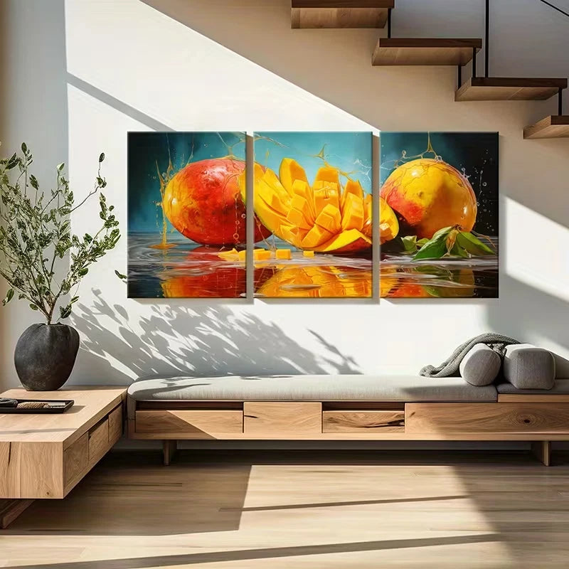 3pcs Mango Splash Reflection Vibrant Abstract  Wall Art Set Canvas Framed 40x60cm - High Quality Print 100% Australian Made Wall Canvas Ready to Hang