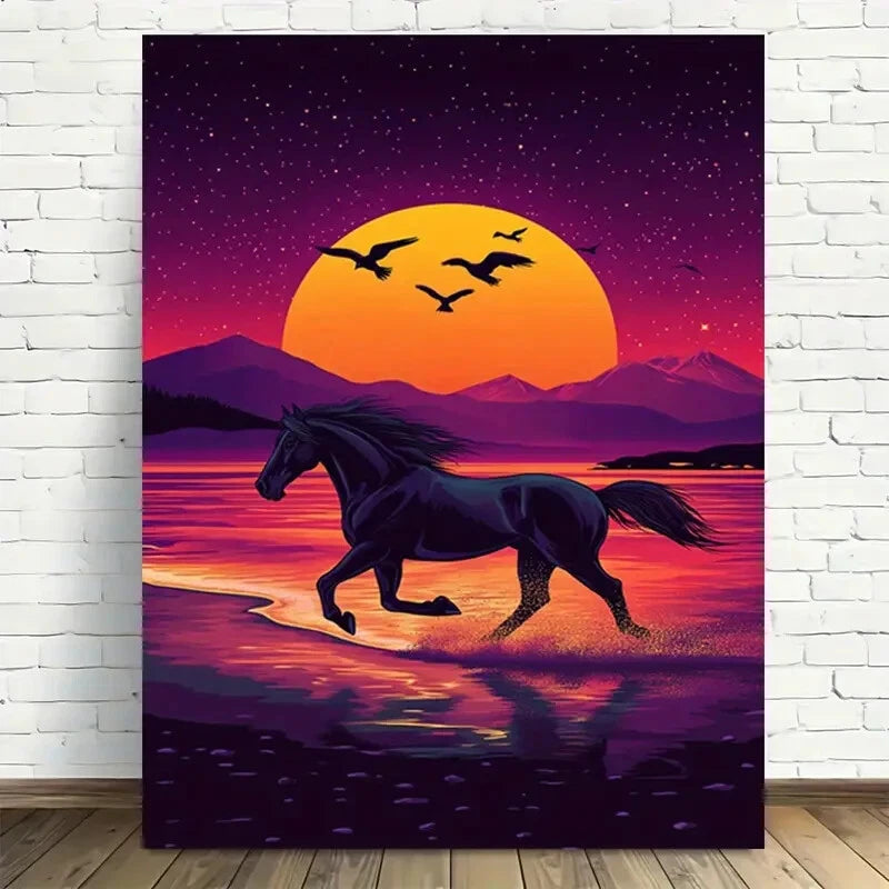 Beautiful Magical Sunset Horse Mountain Painting 40x60cm Metal Print Ready to Hang - Bella Home Decor