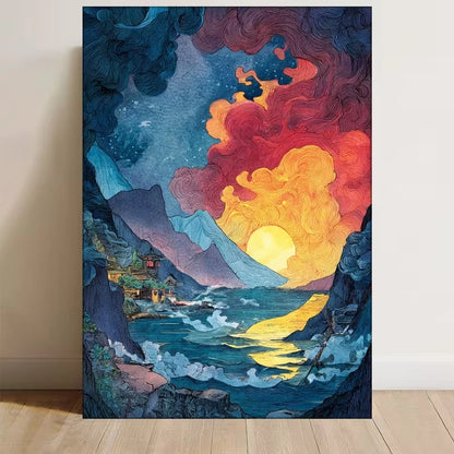 Manga-Inspired Vibrant Fire & Sunset Ocean Scene Metal Print Ready to Hang