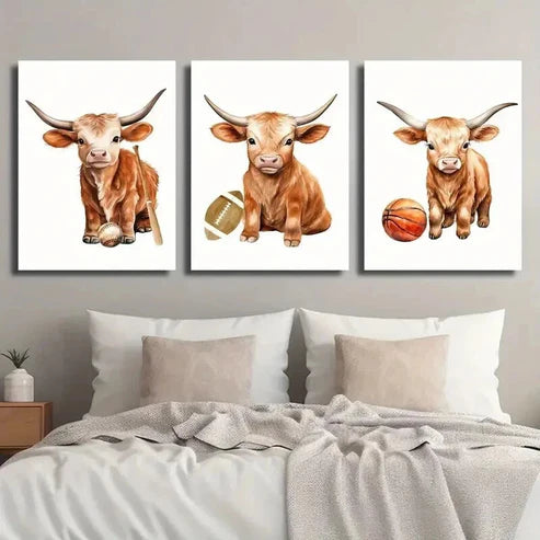 3pcs Cow Baseball Football Basketball Wall Art Set Canvas Unframed - High Quality Print 100% Australian Made Wall Canvas - Bella Home Decor