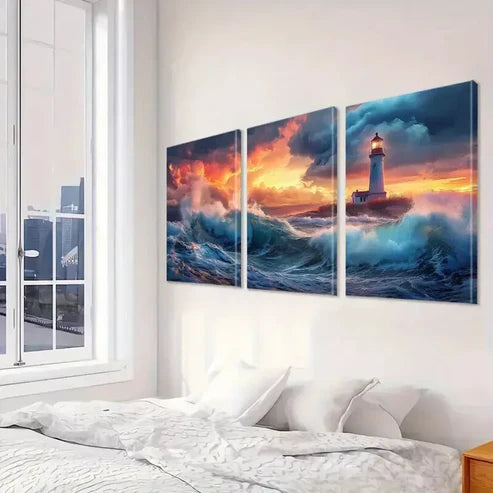 3pcs Aesthetic Landscape Lighthouse & Ocean   Art Set Canvas Unframed - High Quality Print 100% Australian Made Wall Canvas - Bella Home Decor