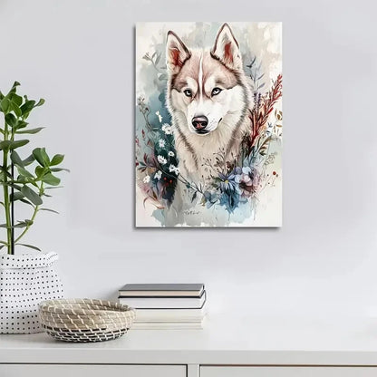 Flowers And Plants Cute Siberian Husky Dog Painting 40x60cm Metal Print Ready to Hang