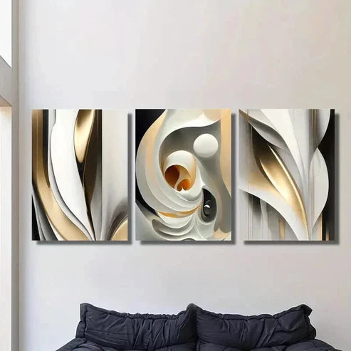 3pcs Modern Luxury Golden White Gilt Line Wall Art Canvas Unframed - High Quality Print 100% Australian Made Wall Canvas