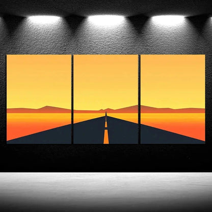 3pcs Sunset Glow Road Trio Orange Themed Metal Print Ready to Hang Art - Bella Home Decor