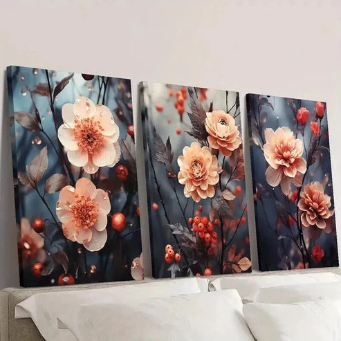 3pcs Pink Botanical Flowers and Berries Wall Art Canvas Unframed - High Quality Print 100% Australian Made Wall Canvas