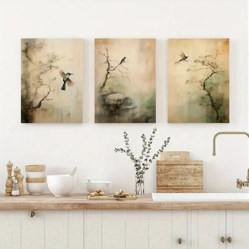 3pcs Serene Trees & Birds Green Mountain Metal Print Ready to Hang Art - Bella Home Decor
