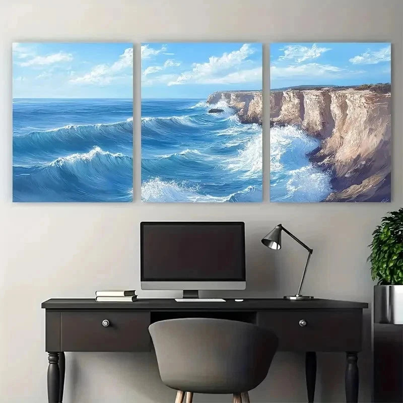 3pcs Vibrant Blue Waves & Rocky Cliffs Perfect Wall Art Set Canvas Framed 50x70cm - High Quality Print 100% Australian Made Wall Canvas Ready to Hang