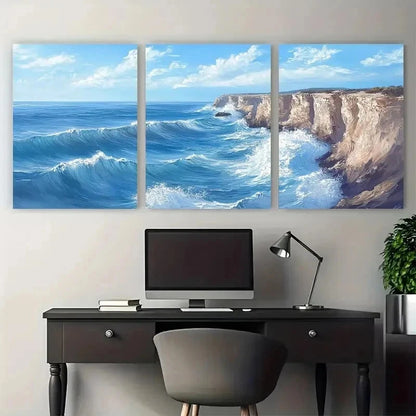 3pcs Vibrant Blue Waves & Rocky Cliffs Perfect Wall Art Set Canvas Framed 50x70cm - High Quality Print 100% Australian Made Wall Canvas Ready to Hang
