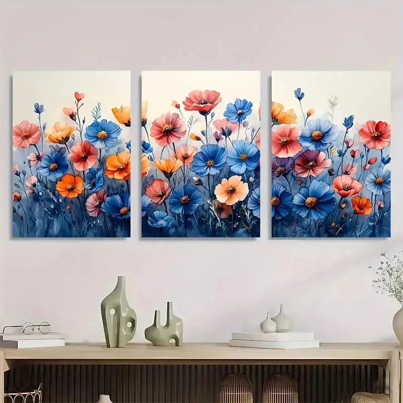 3pcs Wildflowers Cornflowers Botanical Perfect Wall Art Set Canvas Framed 50x70cm - High Quality Print 100% Australian Made Wall Canvas Ready to Hang - Bella Home Decor