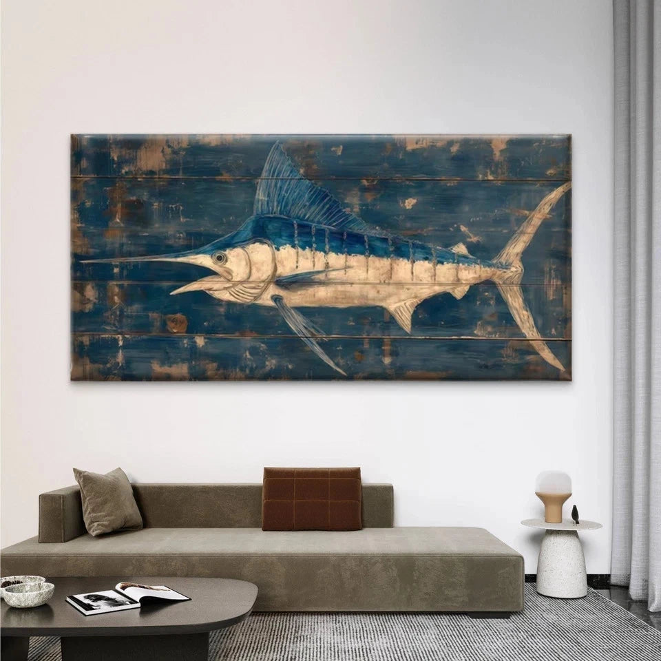 Blue Marlin Fish Nautical Wall Art Canvas Office Home Room Framed 120x60cm