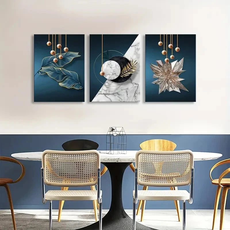 3pcs Blue and Golden Modern Painting Metal Print Ready to Hang Art - Bella Home Decor
