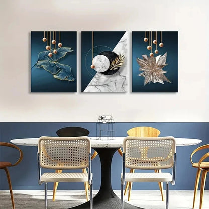 3pcs Blue and Golden Modern Painting Metal Print Ready to Hang Art - Bella Home Decor