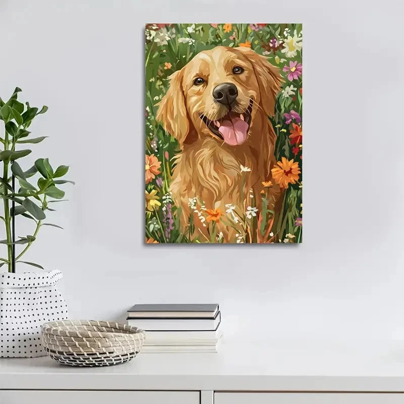 Charming Golden Retriever Dog with Flowers Painting 40x60cm Metal Print Ready to Hang - Bella Home Decor