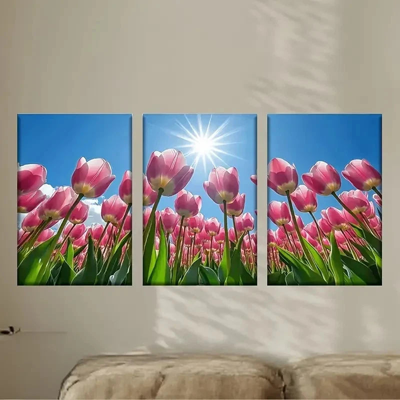 3pcs pink tulips in the sun Wall Art Set Canvas Framed 60x90cm - High Quality Print 100% Australian Made Wall Canvas Ready to Hang - Bella Home Decor