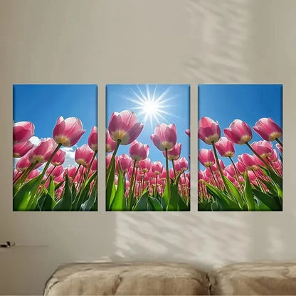 3pcs pink tulips in the sun Wall Art Set Canvas Framed 60x90cm - High Quality Print 100% Australian Made Wall Canvas Ready to Hang - Bella Home Decor