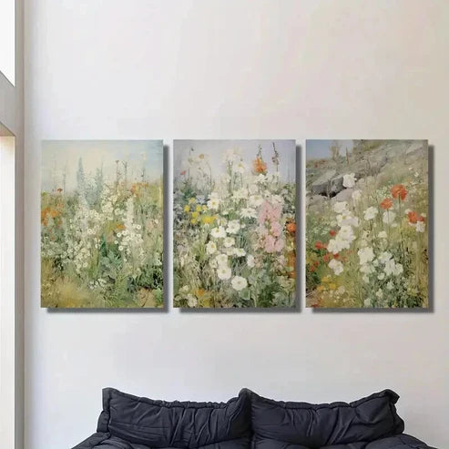 3pcs Vintage Spring Wildflower Field Wall Art Set Canvas Unframed - High Quality Print 100% Australian Made Wall Canvas