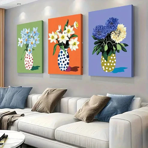 3pcs Polka Dot Vases with Daffodils Perfect Wall Art Canvas Unframed – High Quality Print 100% Australian Made Wall Canvas