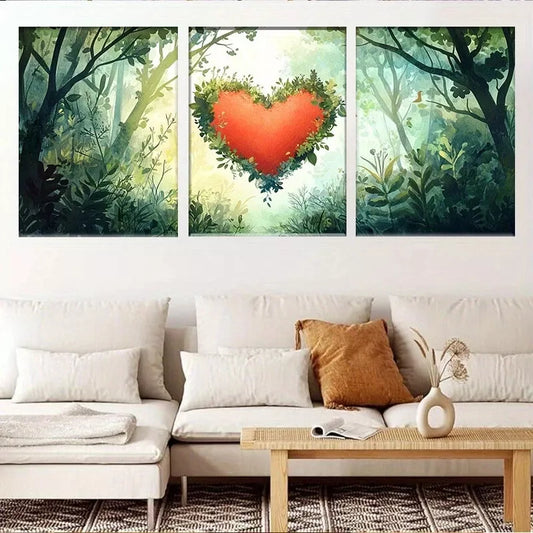 3pcs Nature Lush Forest Heart-Shaped Foliage Wall Art Set Canvas Framed 40x60cm - High Quality Print 100% Australian Made Wall Canvas Ready to Hang