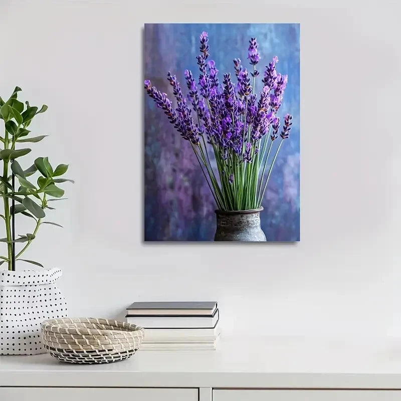 Vibrant Lavender Flower Arrangement in Ceramic Vase 40x60cm Metal Print Ready to Hang - Bella Home Decor