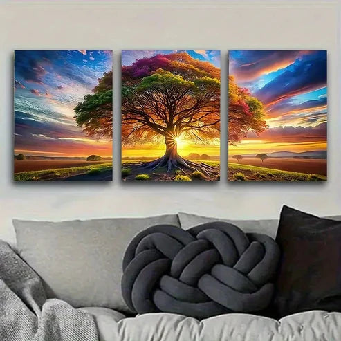 3pcs Multicolored Tree at Sunset Wall Art Set Canvas Unframed - High Quality Print 100% Australian Made Wall Canvas - Bella Home Decor