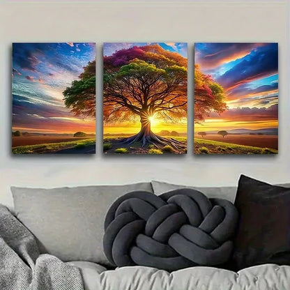 3pcs Multicolored Tree at Sunset Wall Art Set Canvas Unframed - High Quality Print 100% Australian Made Wall Canvas - Bella Home Decor