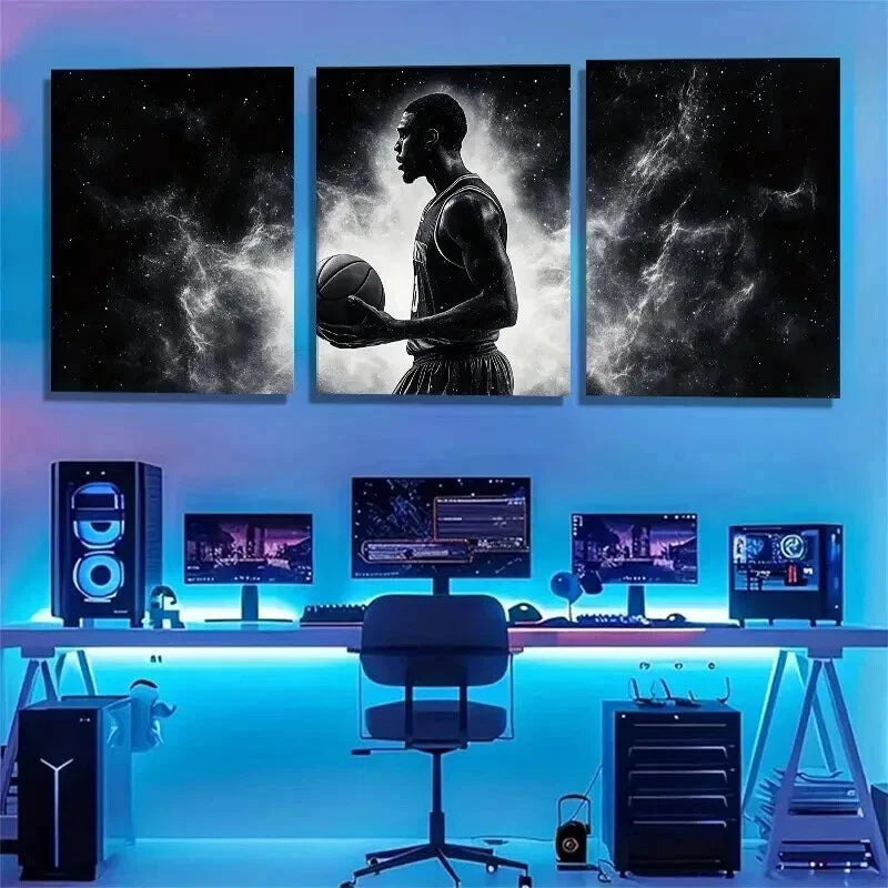 3pcs Basketball Player Silhouette Space Perfect Wall Art Set Canvas Framed 60x90cm - High Quality Print 100% Australian Made Wall Canvas Ready to Hang - Bella Home Decor