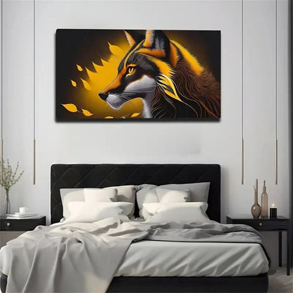 Golden & Black Fox Design Wall Art Canvas Office Home Room Framed 120x60cm