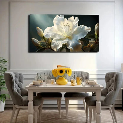 Modern White Flowers & Green Wall Art Canvas Office Home Room Framed 120x60cm