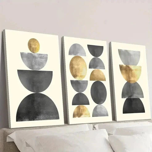 3pcs Golden & Metallic Geometric Circles Wall Art Set Canvas Unframed - High Quality Print 100% Australian Made Wall Canvas - Bella Home Decor