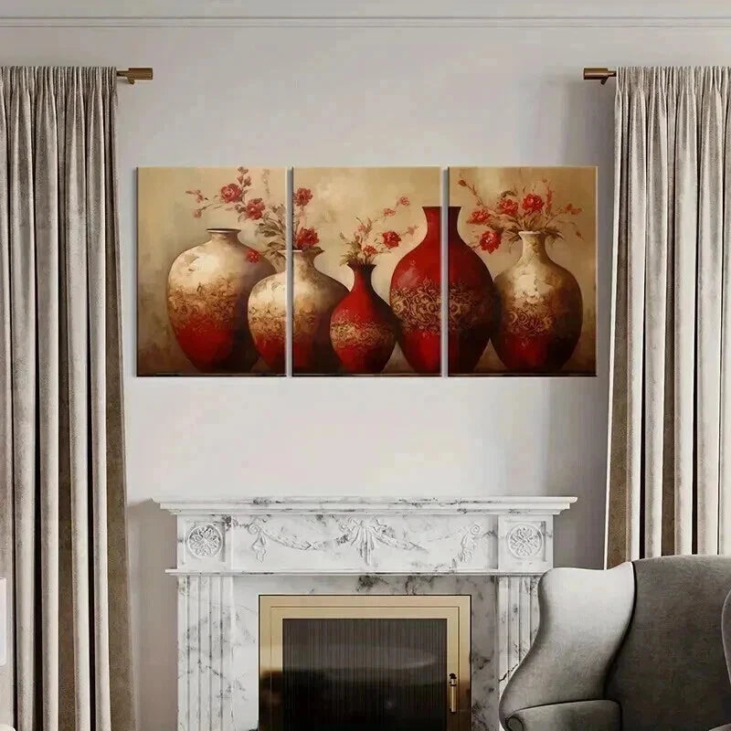 3pcs Abstract Floral Vases Artwork Decor Metal Print Ready to Hang Art - Bella Home Decor