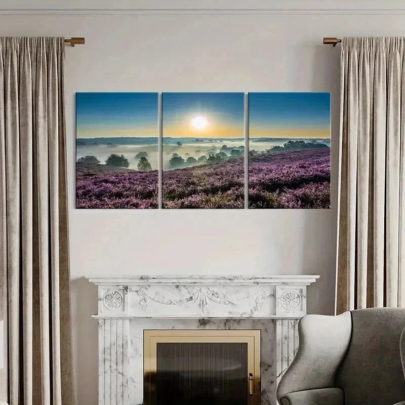 3pcs Lavender Field Sunset Landscape Wall Art Set Canvas Framed 60x90cm - High Quality Print 100% Australian Made Wall Canvas Ready to Hang