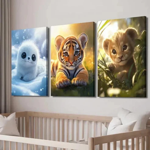 3pcs Snowy Tiger Snowy Tiger & Lion Cub on Grass Wall Art Set Canvas Unframed - High Quality Print 100% Australian Made Wall Canvas