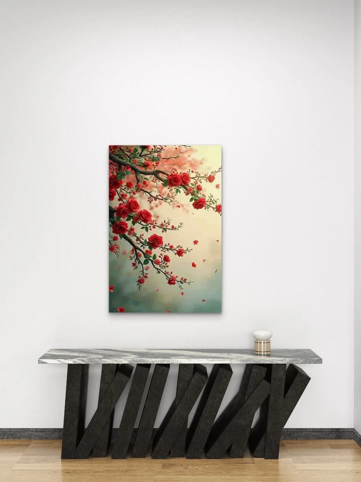 Vibrant Red Roses & Green Leaves Painting Metal Print Ready to Hang