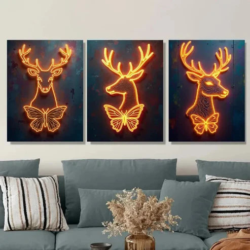 3pcs Elegant And Unique Neon Deer And Butterfly Wall Art Set Wall Art Canvas Unframed – High Quality Print 100% Australian Made Wall Canvas
