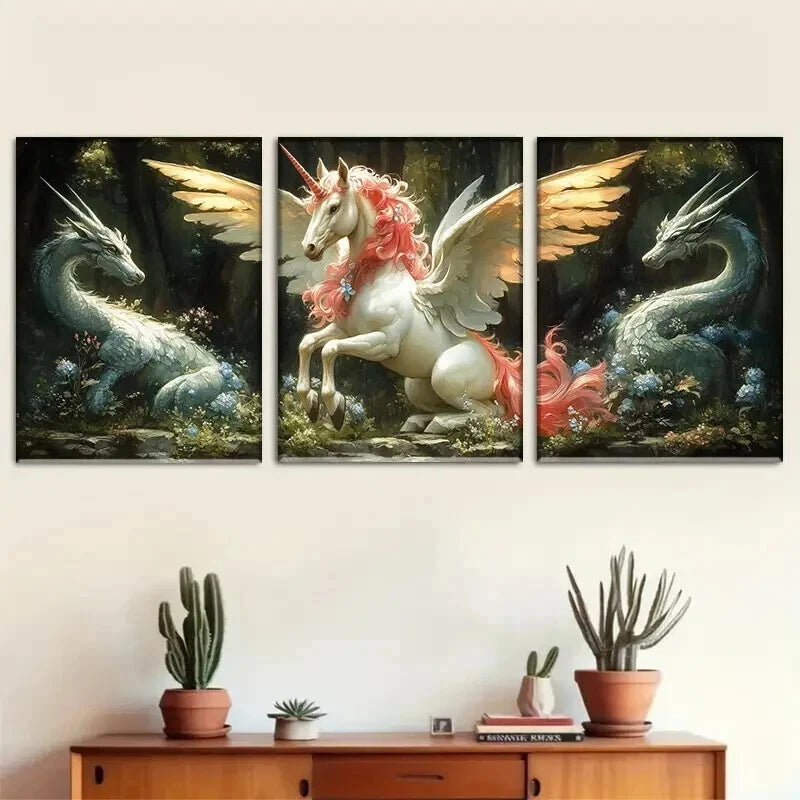 3pcs Unicorn with Wings and Dragons Perfect Wall Art Set Canvas Framed 60x90cm - High Quality Print 100% Australian Made Wall Canvas Ready to Hang - Bella Home Decor