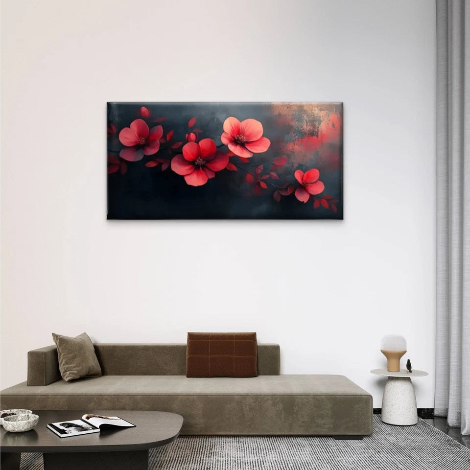 Red Flowers On A Black Wall Art Canvas Office Home Room Framed 120x60cm
