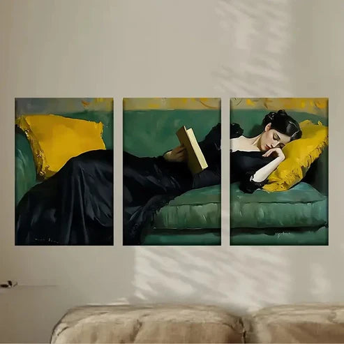 3pcs a Woman Laying on a Couch Reading a Book Wall Art Set Canvas Unframed - High Quality Print 100% Australian Made Wall Canvas - Bella Home Decor